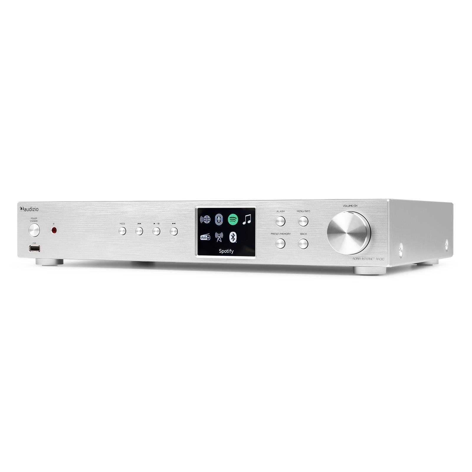 Receptor de audio plateado con pantalla y botones. Muestra Spotify.