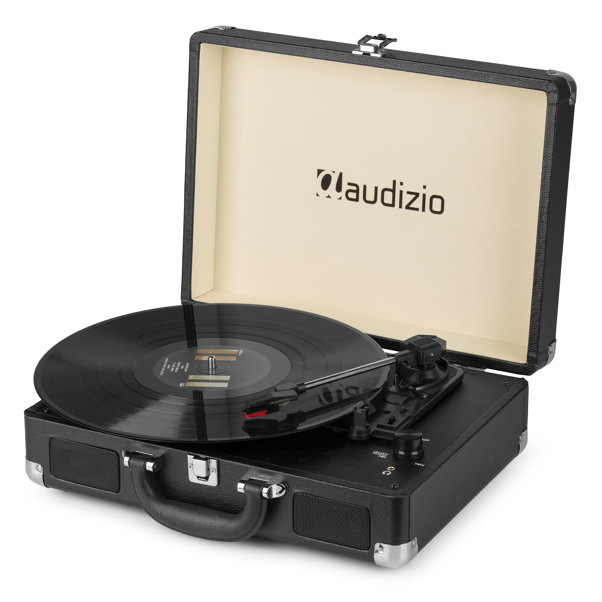 Un tocadiscos negro dentro de un maletín negro, con un disco en el tocadiscos.