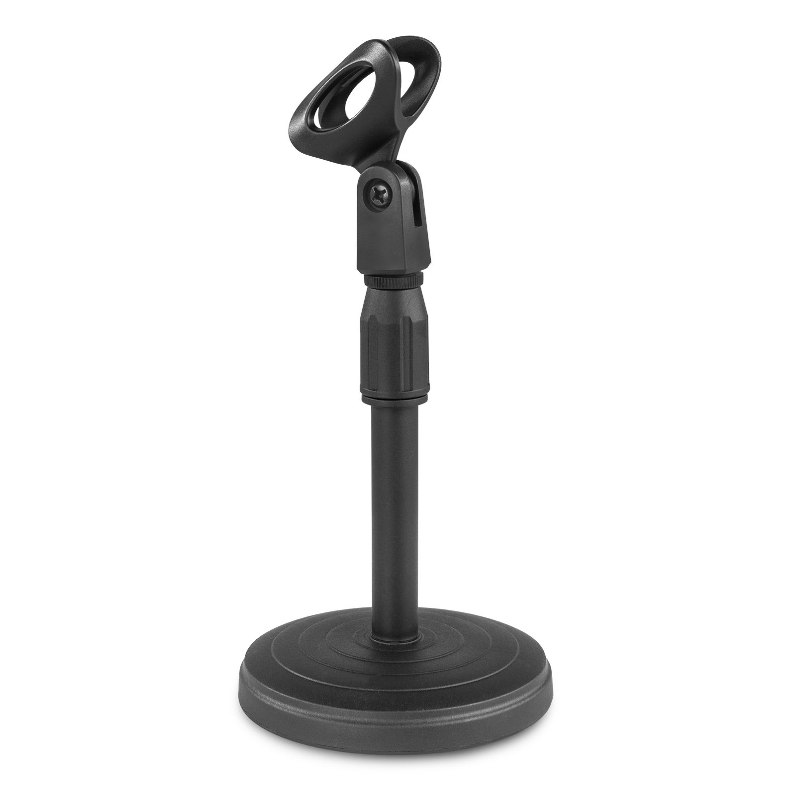 Soporte de micrófono negro con base redonda y soporte para micrófono.