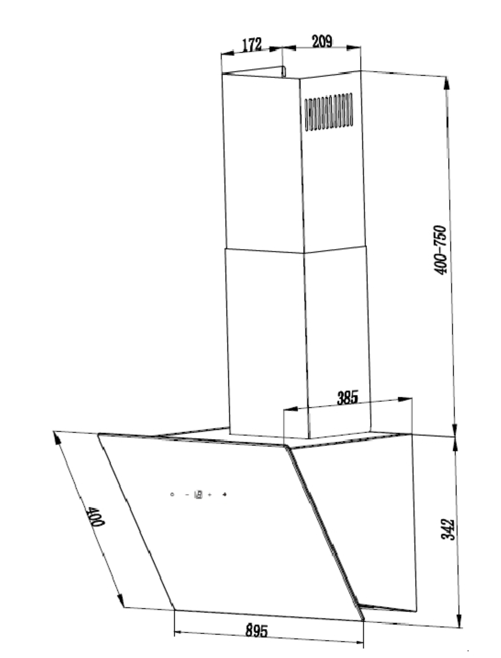 Lijntekening van een afzuigkap met afmetingen. De kap is wit, met een rechthoekige schoorsteen en een schuine bovenkant.