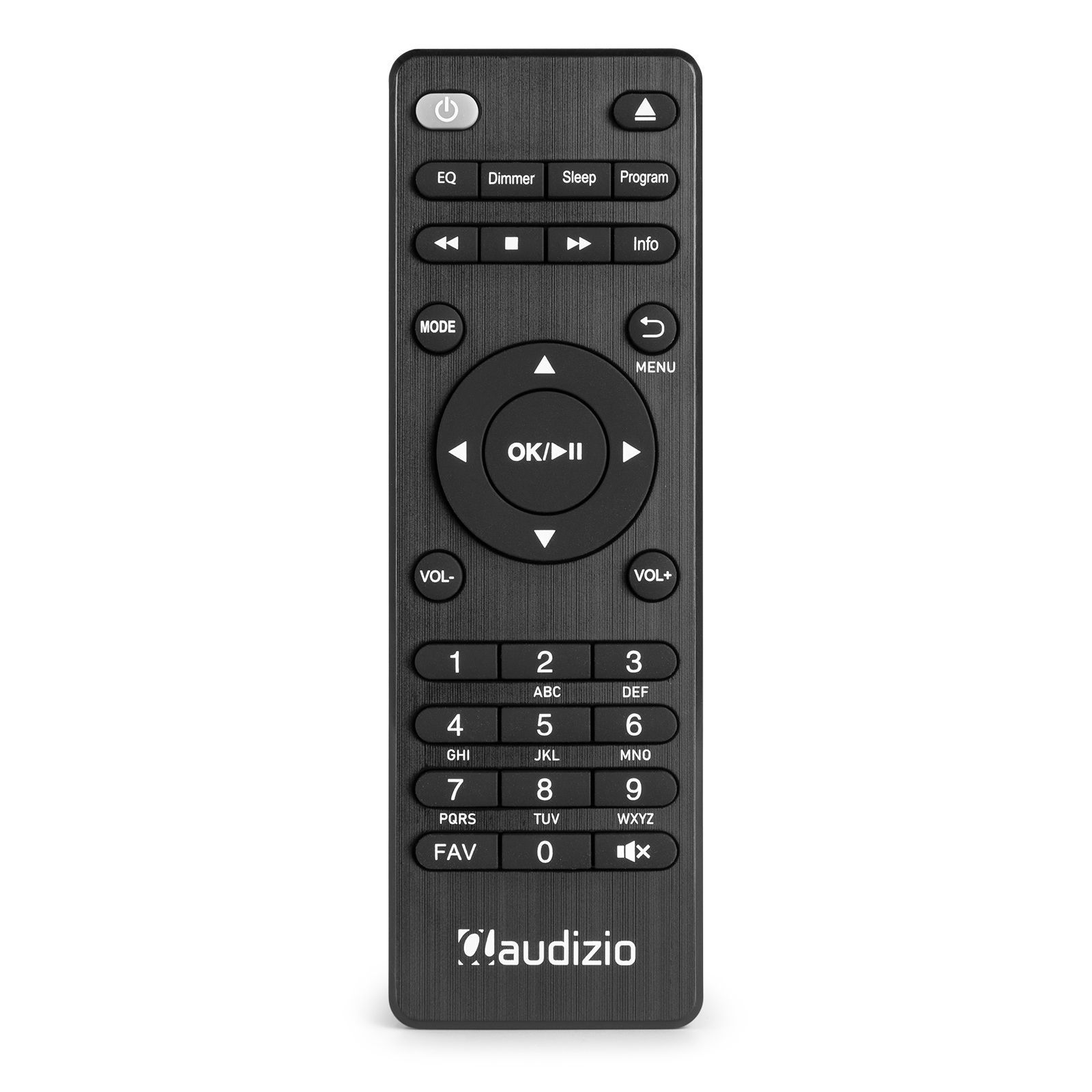 Mando a distancia negro con muchos botones. Incluye números, volumen y menú. La marca es 'claudizio'.