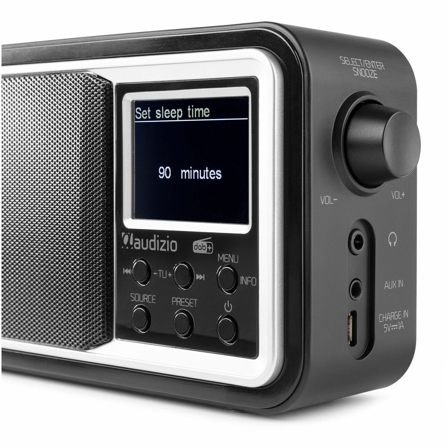 Schwarz-silbernes Radio mit Bildschirm, der '90 Minuten' anzeigt. Knöpfe sind sichtbar.