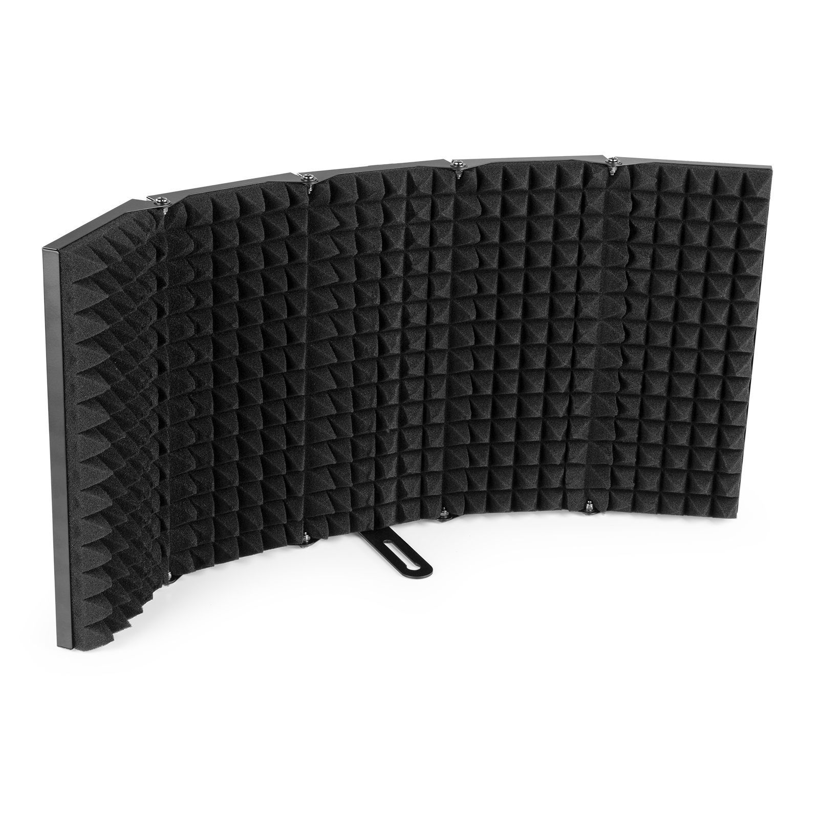 Un panel acústico negro con forma curva, diseñado para reducir las reflexiones del sonido.