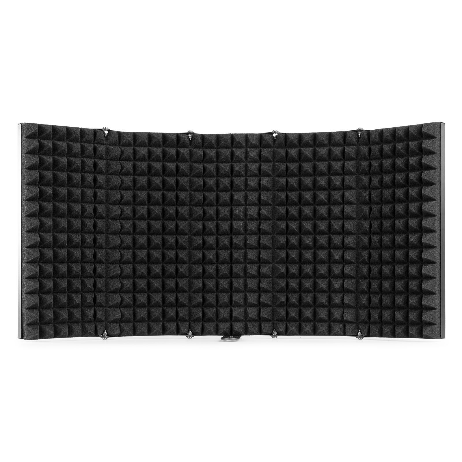 Un panel negro que absorbe el sonido con un patrón de rejilla sobre un fondo blanco.
