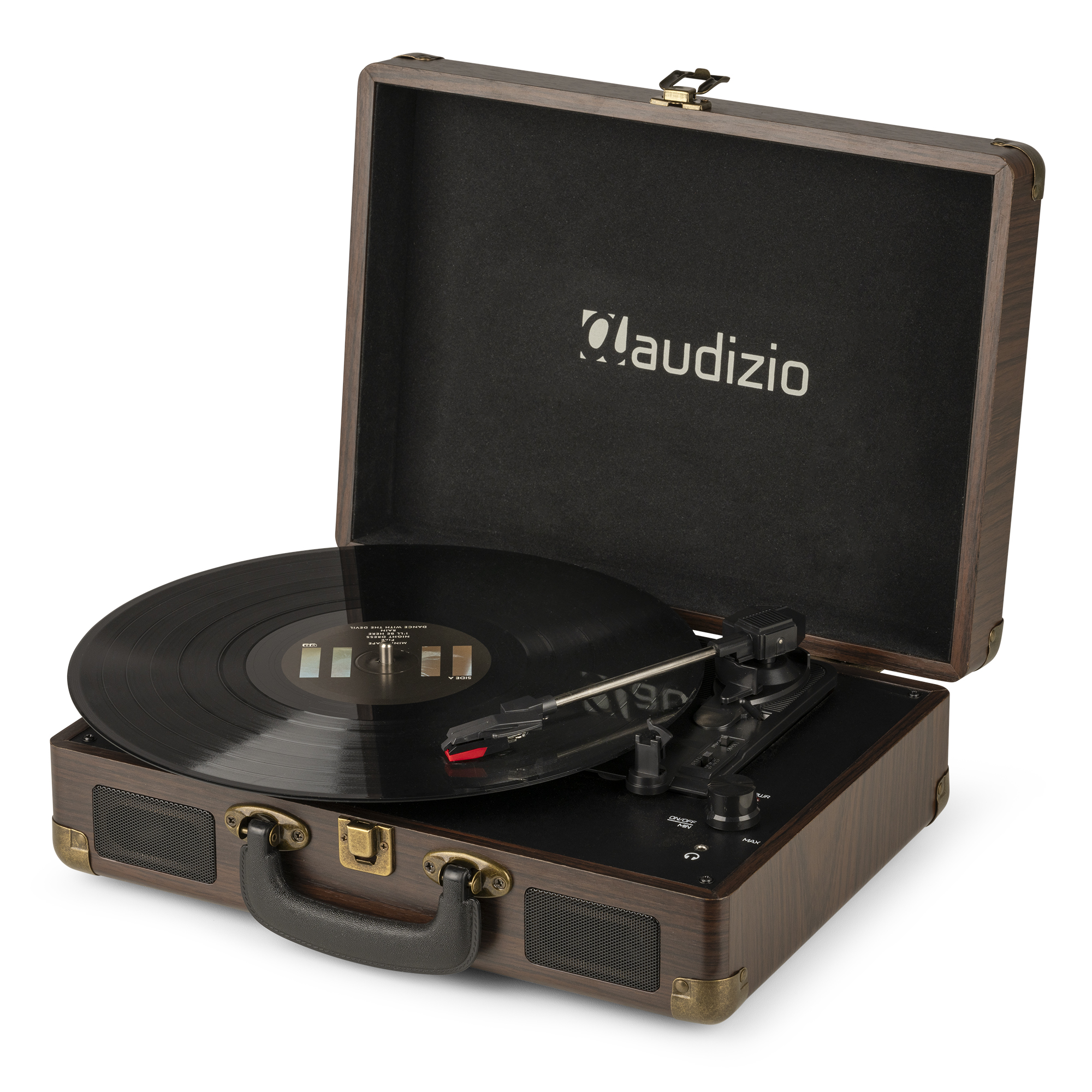 Tocadiscos estilo maleta de madera con un disco de vinilo negro en el tocadiscos. La marca es Audizio.