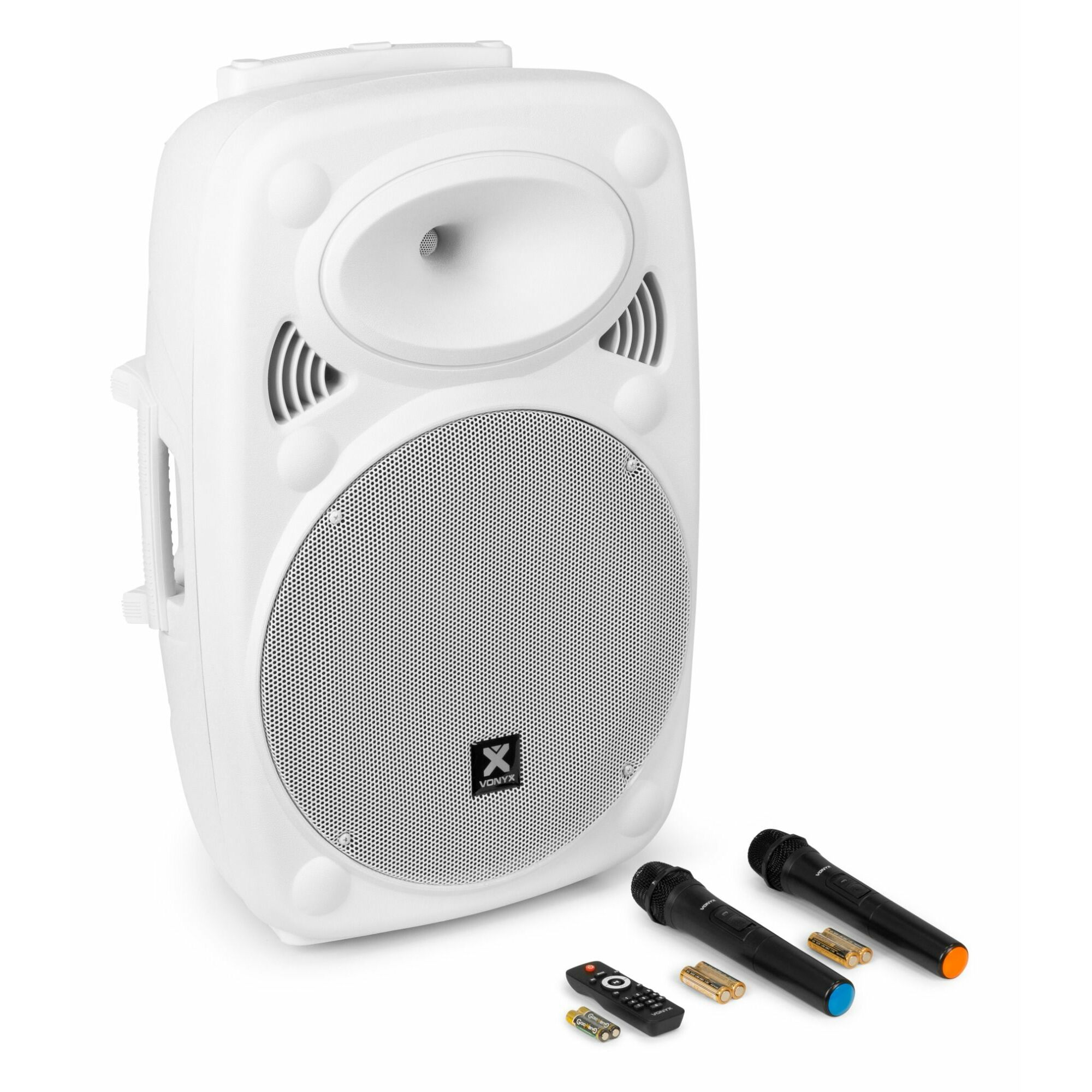 Witte luidspreker met centrale luidspreker en twee microfoons.