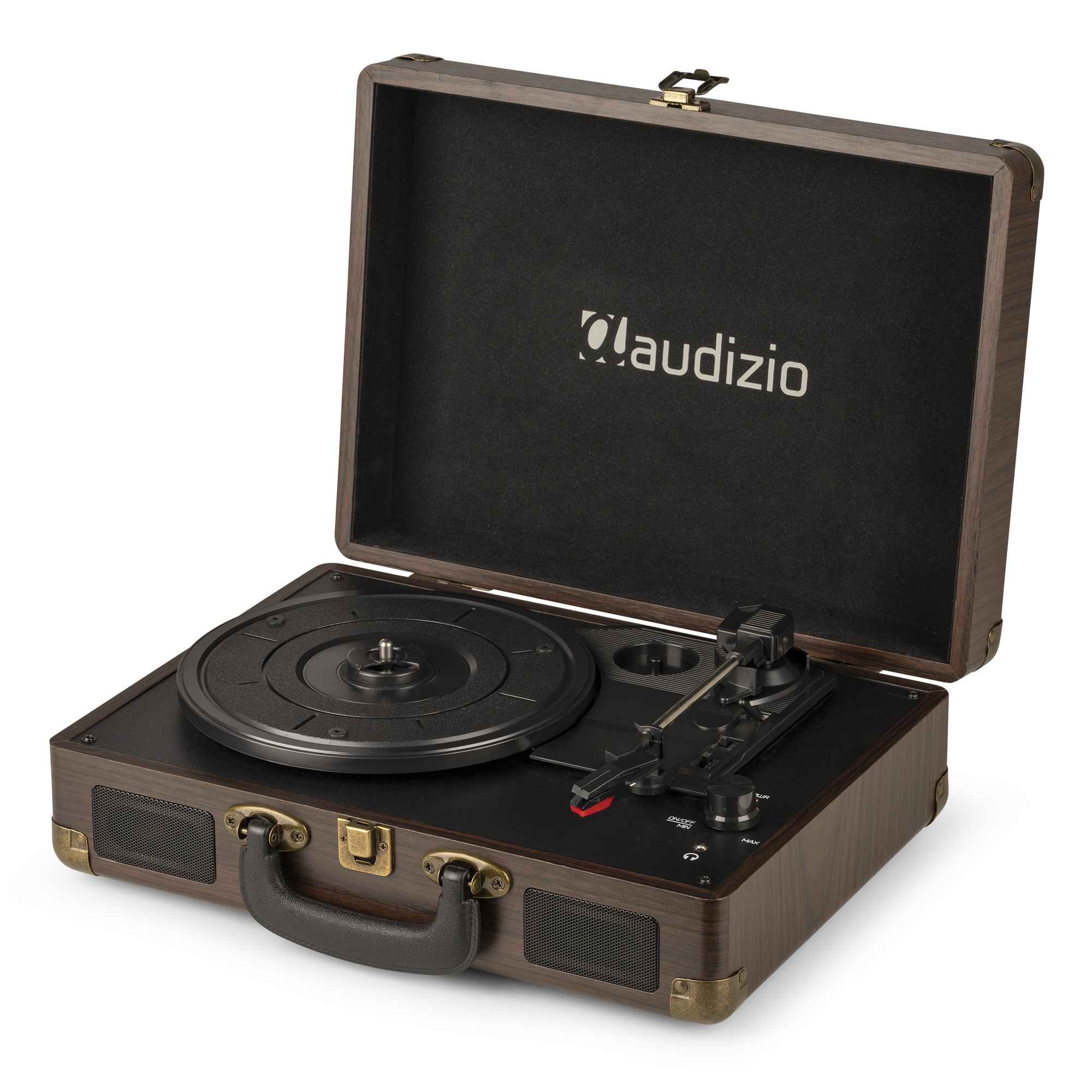 Tocadiscos de madera vintage con la tapa abierta. Plato y brazo negros.