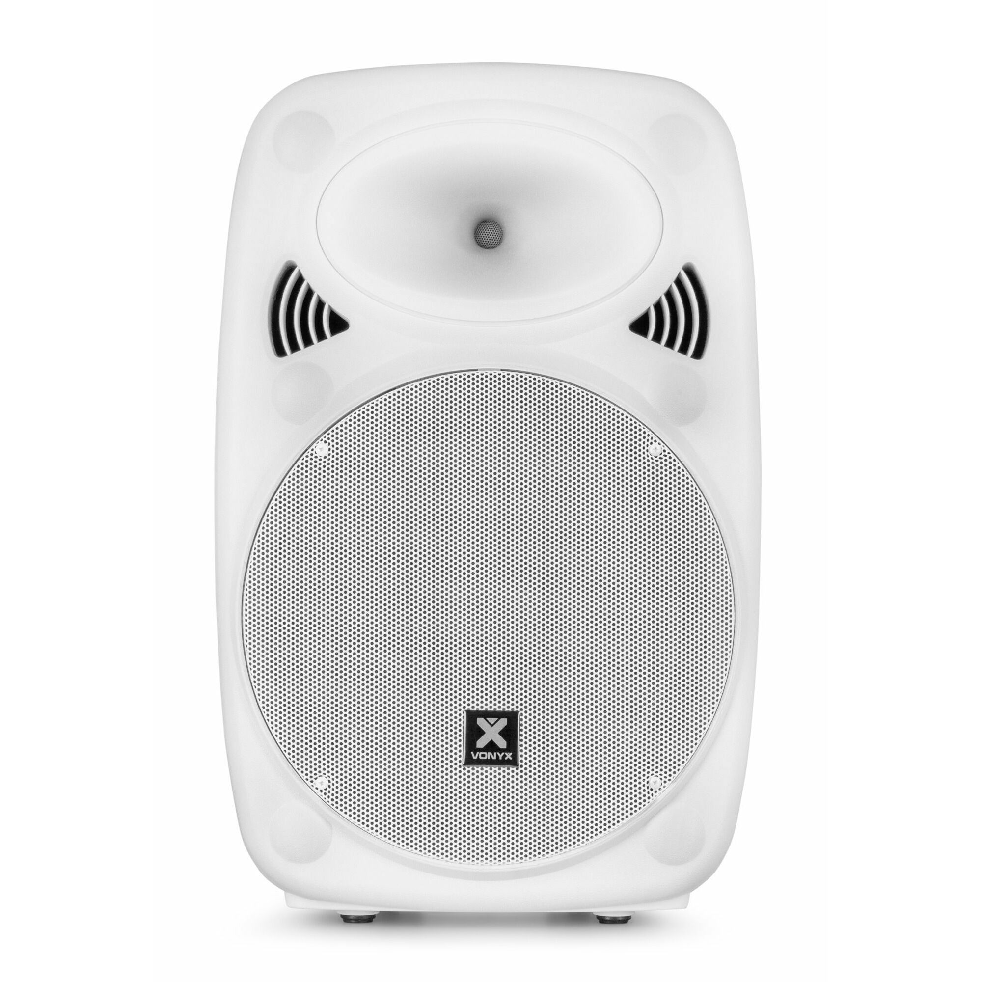 Witte luidspreker met een centrale tweeter en een met gaas bedekte woofer. Zwart logo onderaan.