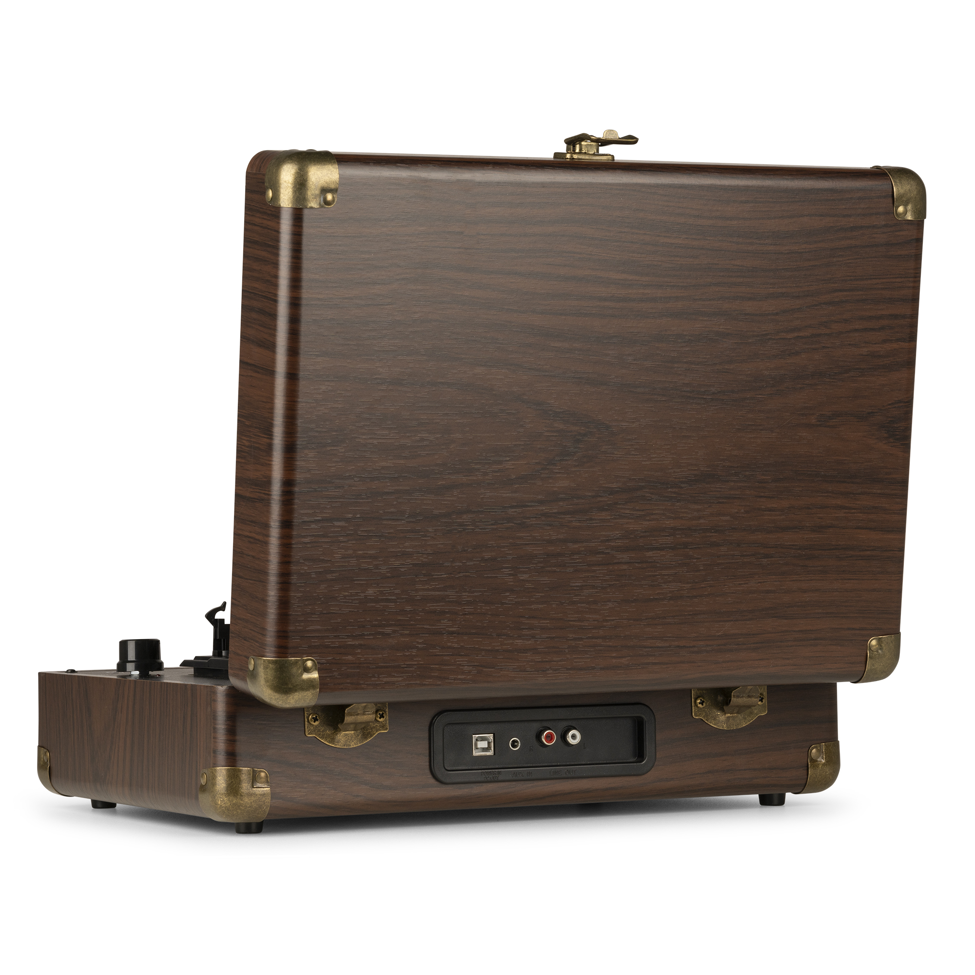 Un tocadiscos de madera de estilo vintage. La parte superior está abierta, mostrando los componentes internos.