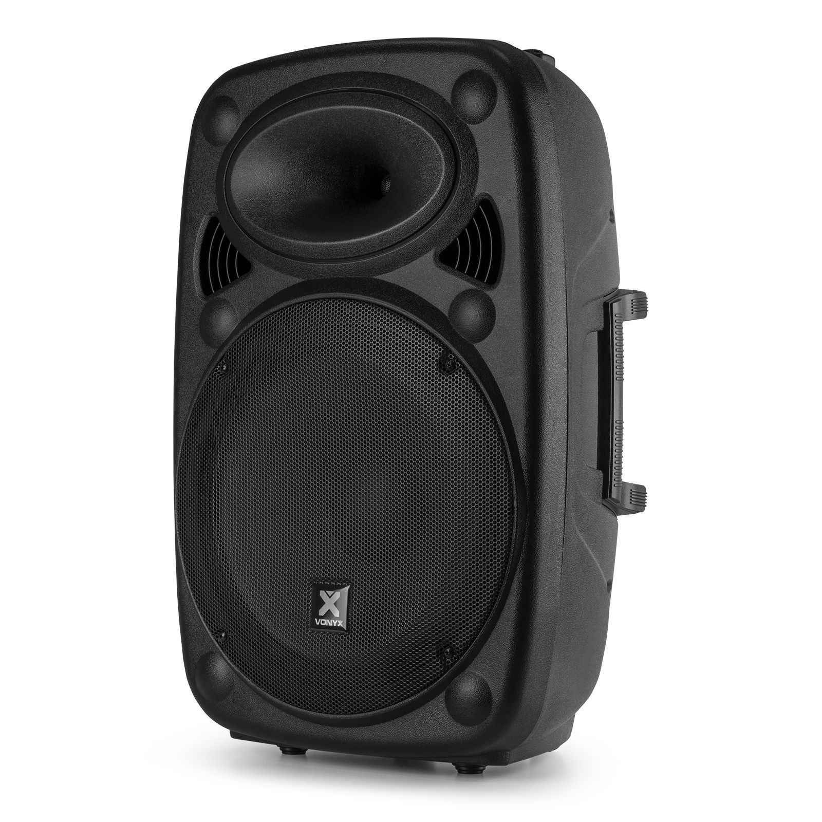 Zwarte luidspreker met een met gaas bedekte woofer en een handvat. Het logo van het merk staat onderaan.