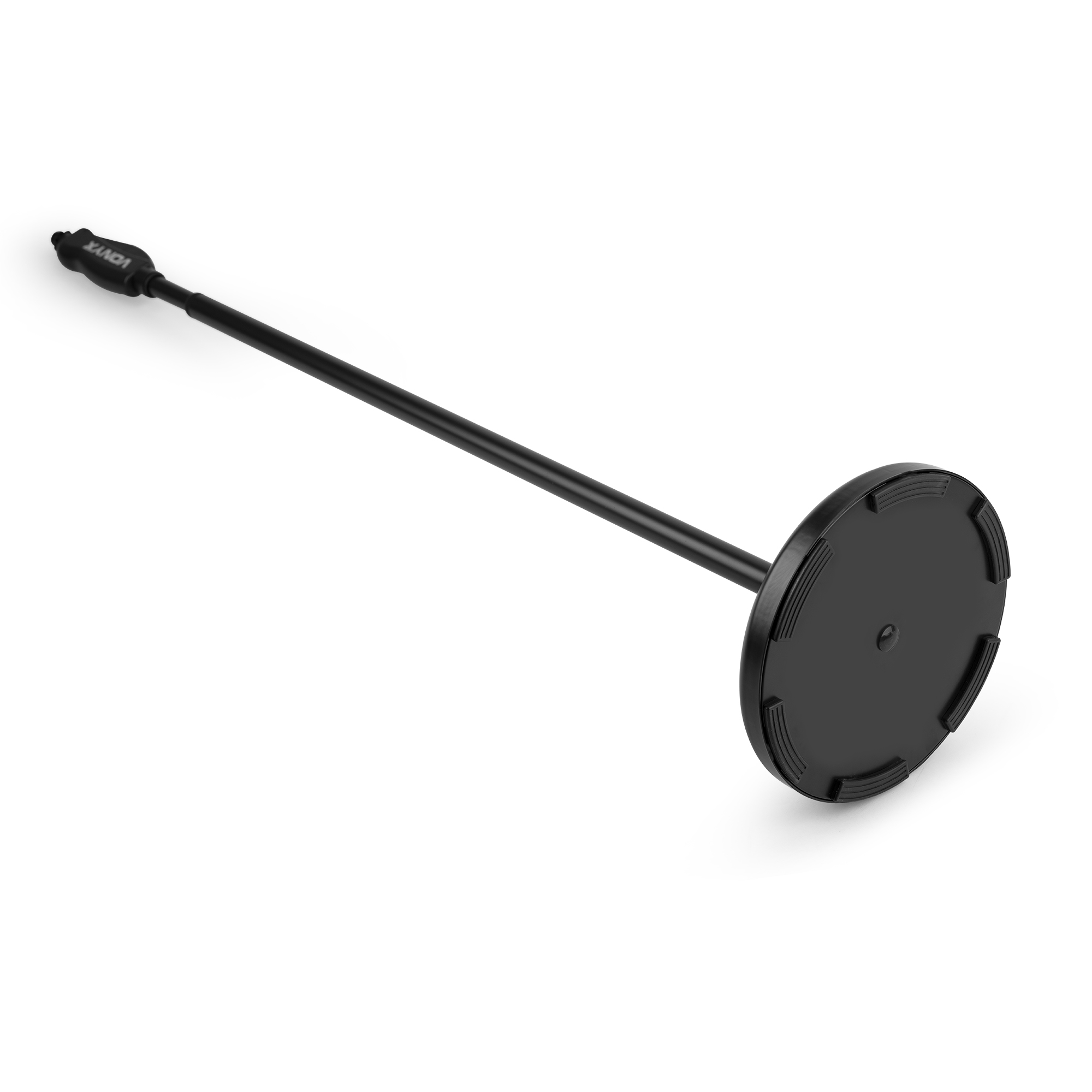 Black microphone stand with a round base. The stand is a black pole with the brand name.