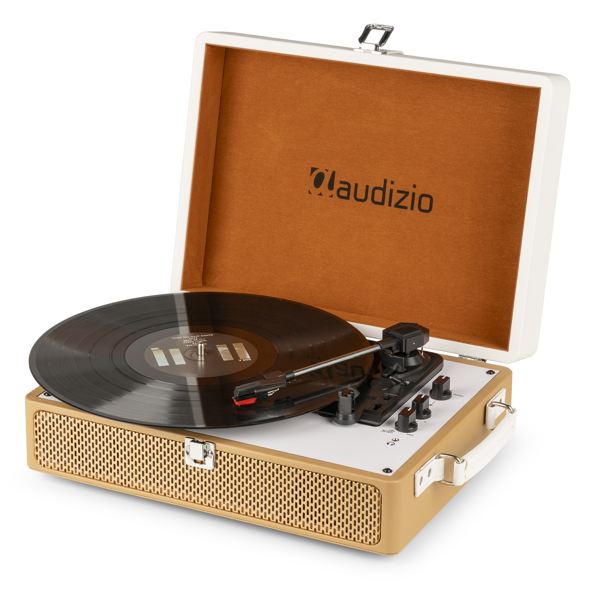 Un tocadiscos vintage con un disco. Tiene un diseño beige y blanco y está abierto.