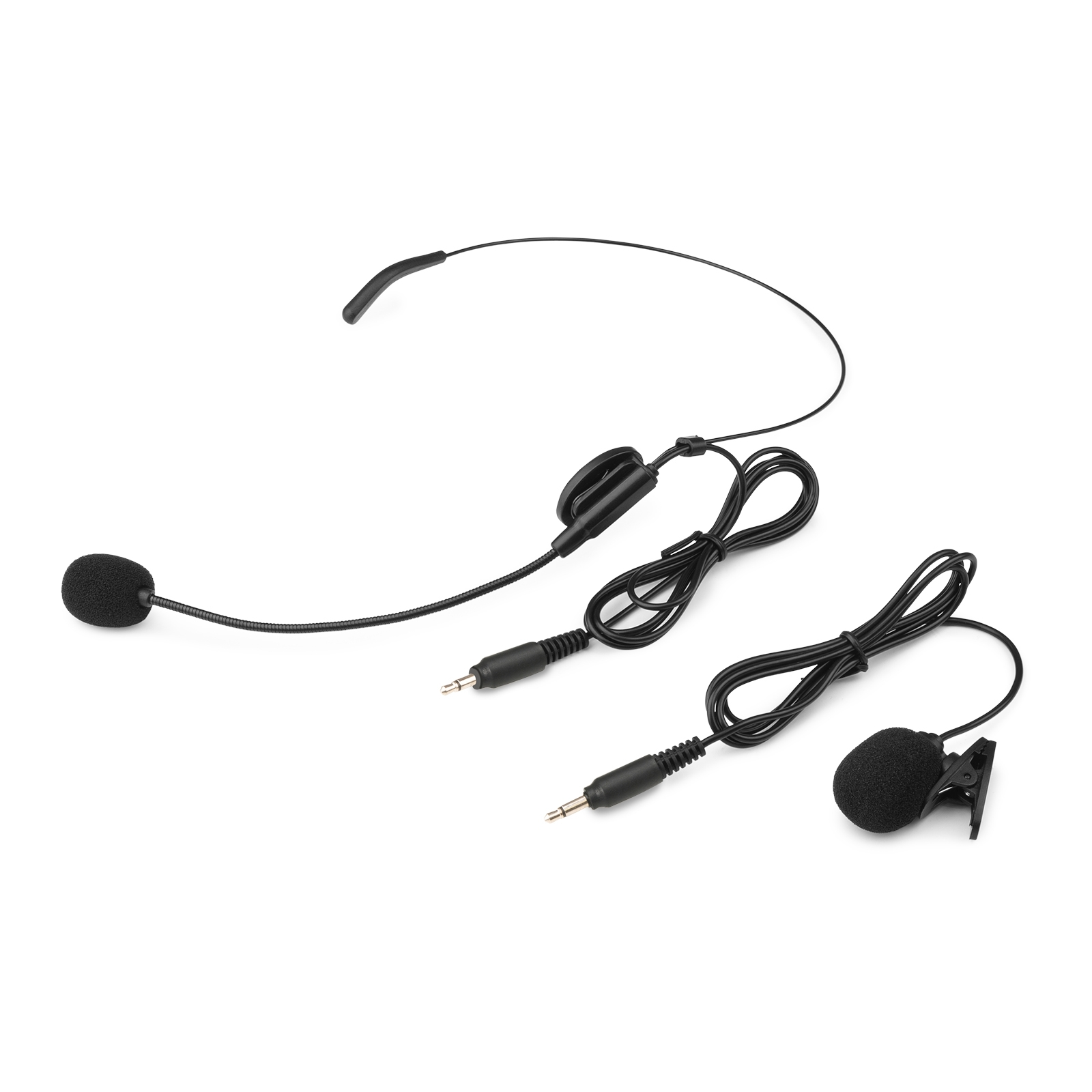 A headset microphone set and a lavalier microphone set are shown.