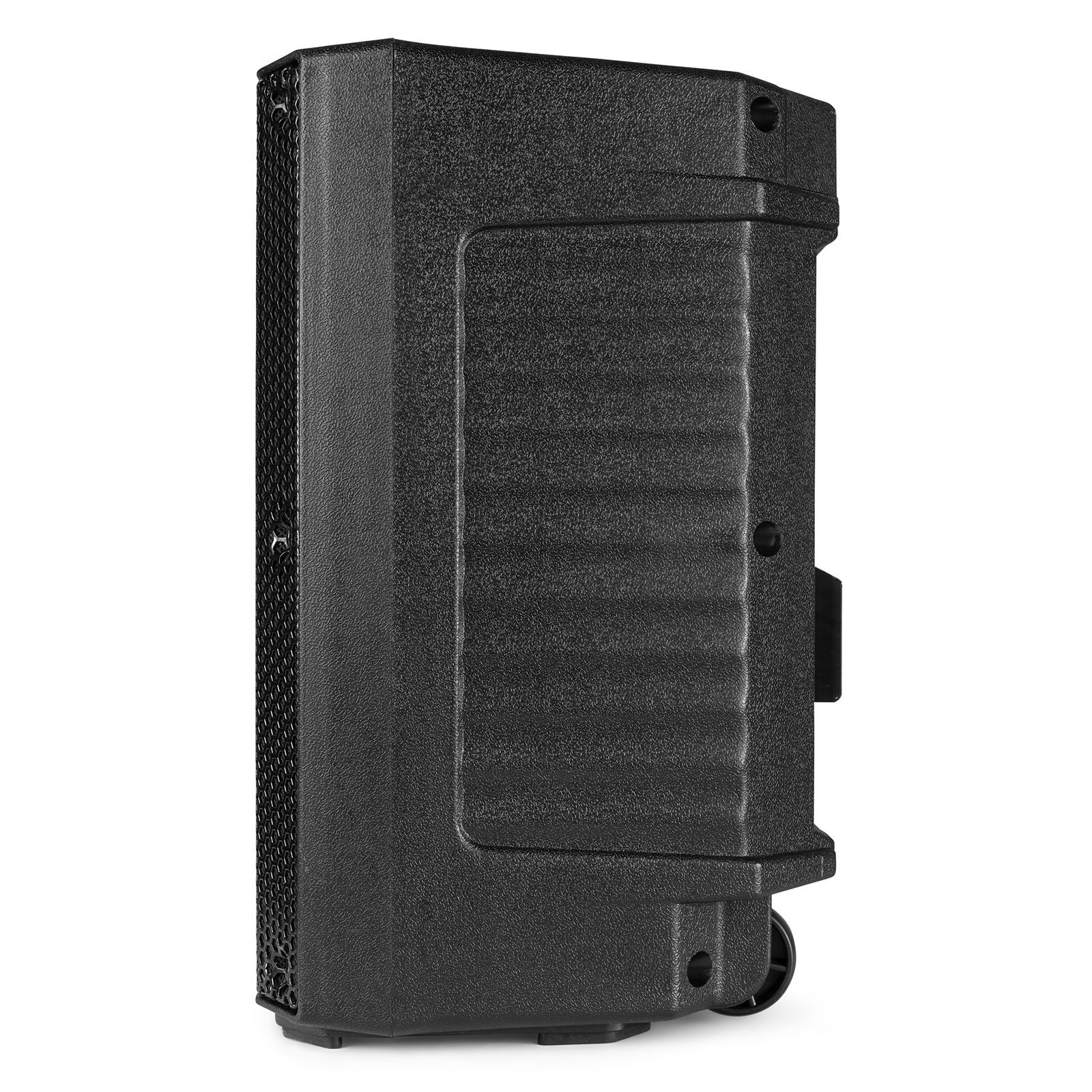Vista lateral de altavoz negro. Forma rectangular con rejilla y rueda en la base.