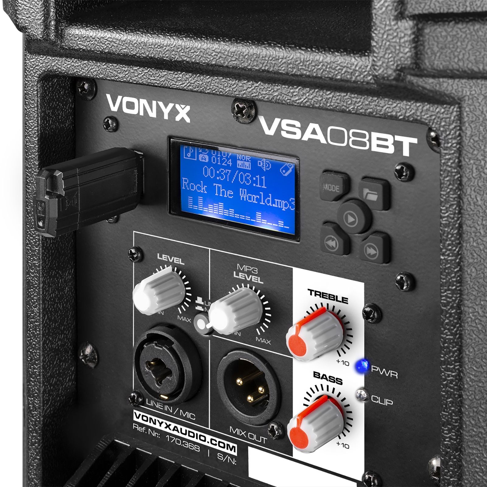 Mando a distancia Vonyx negro con botones. El botón de encendido es visible.