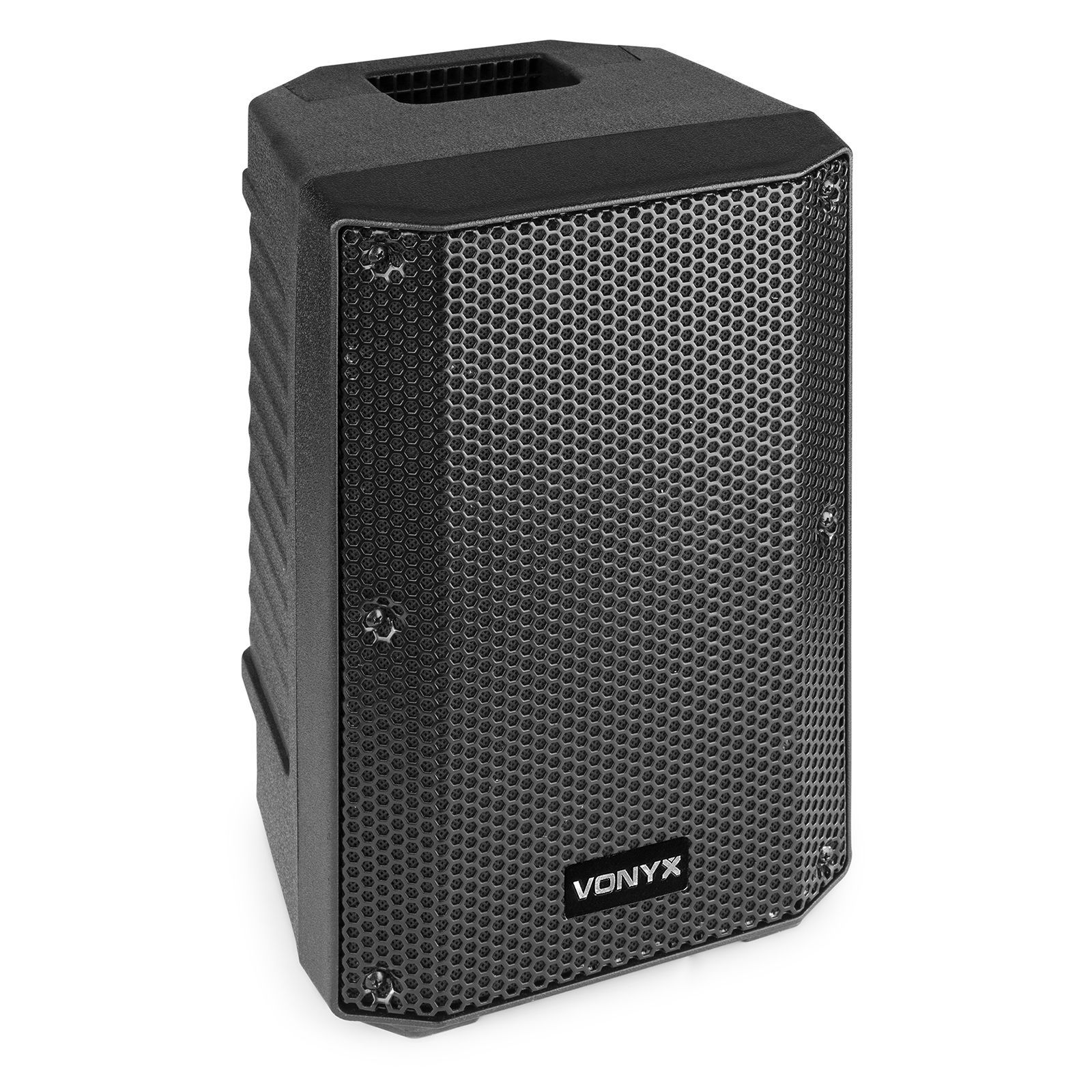 Altavoz negro con rejilla metálica. La forma es un rectángulo. La marca es 'VONYX' en la parte delantera.