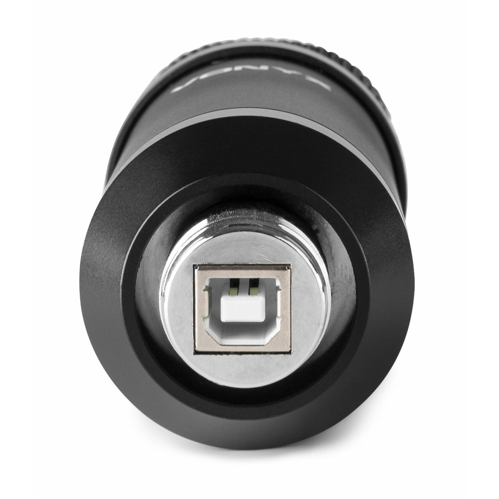 Czarny port USB mikrofonu, widok z bliska.