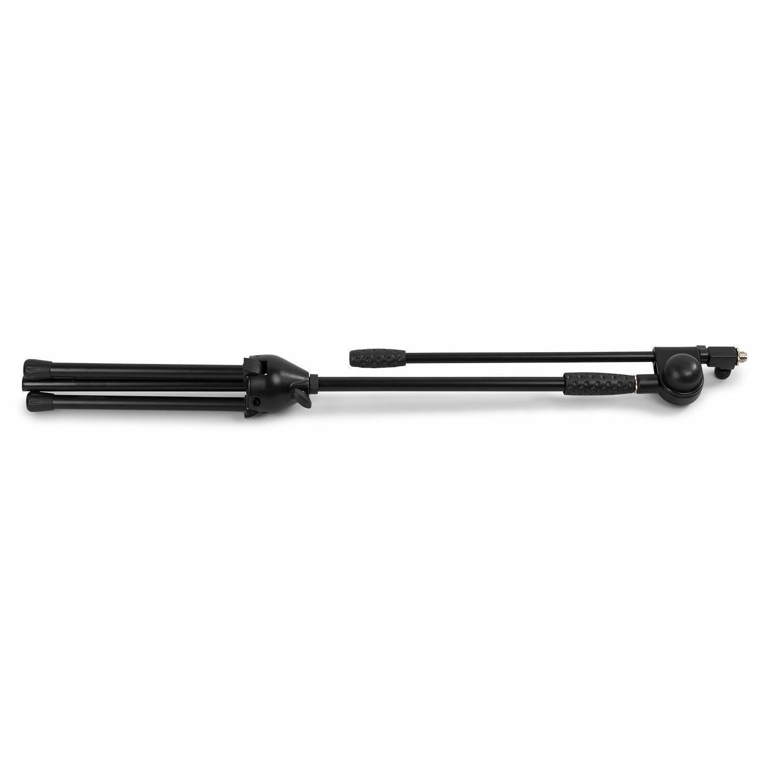 Black microphone stand with a tripod base and an adjustable arm extending from it. The stand is on a white background.