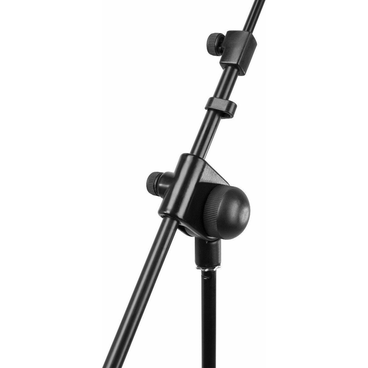 Black microphone stand with adjustable angles. The stand is made of several black metal pieces.