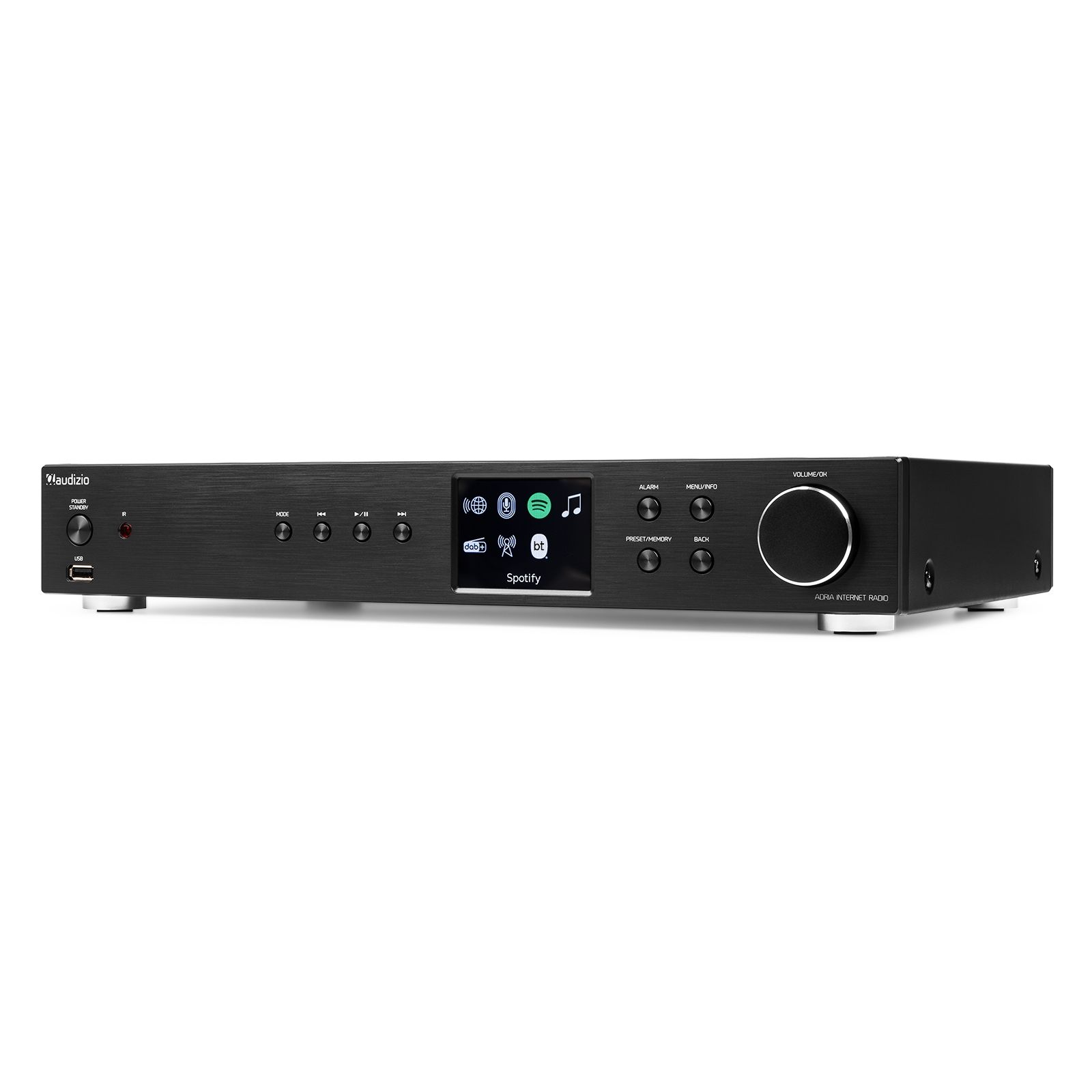 Un receptor de audio negro con pantalla y botones. Está sobre una superficie blanca.