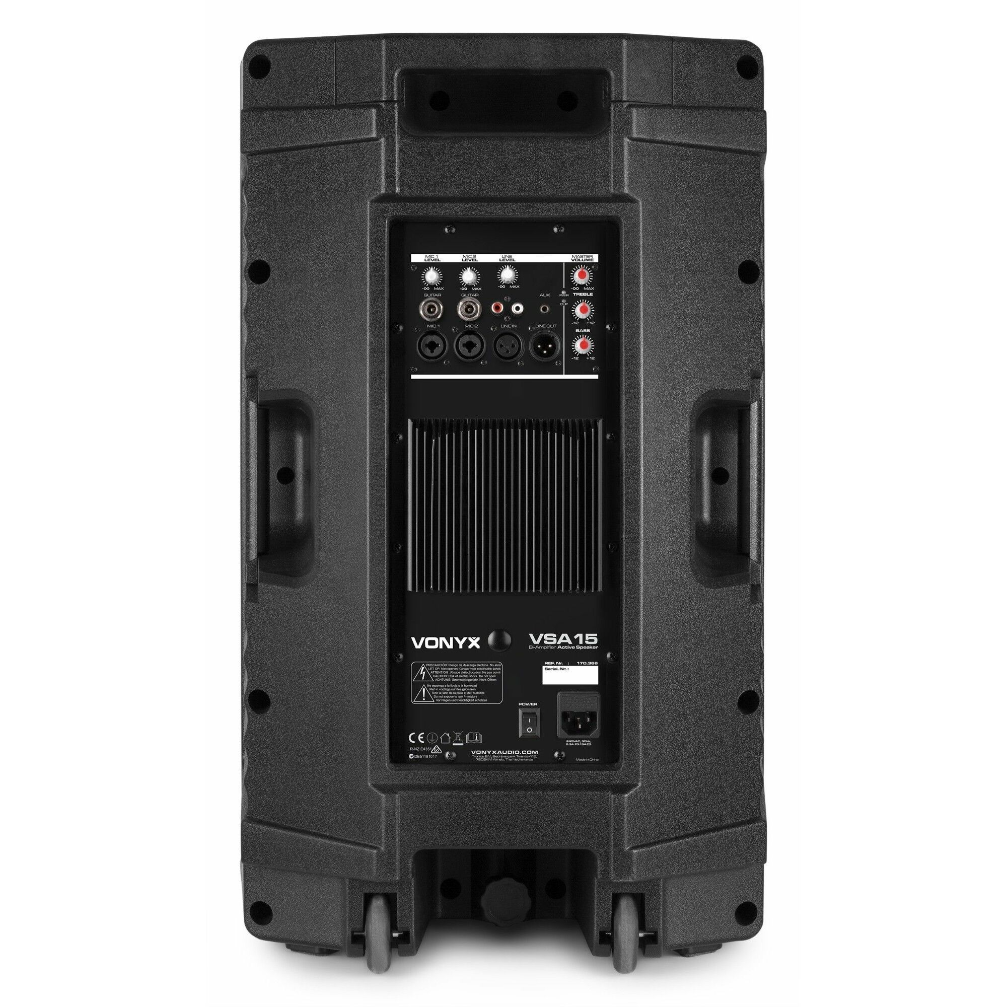Zwarte Vonyx VSA15 luidspreker achteraanzicht. Voorzien van input/output poorten, stroomingang en bedieningspaneel.