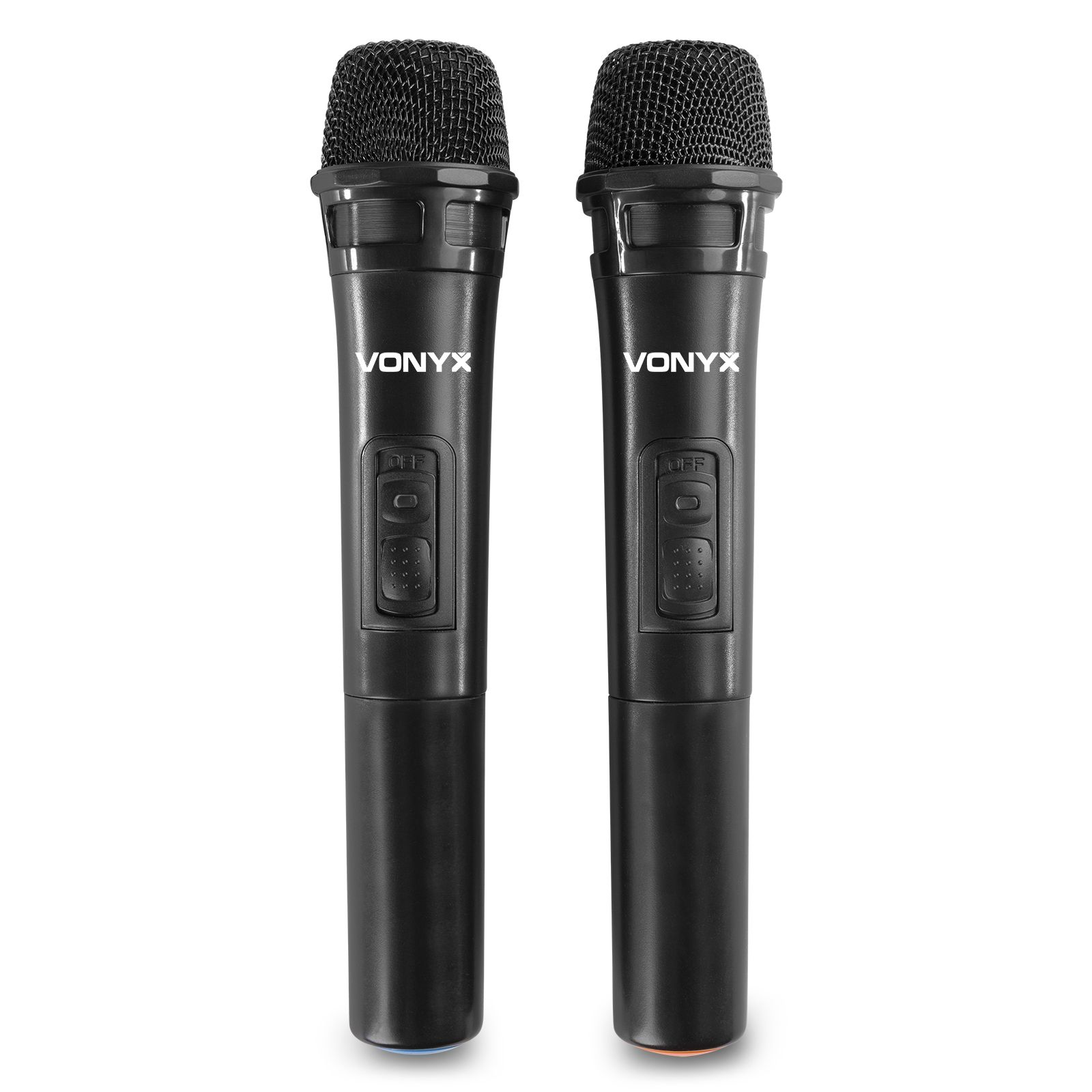 Twee zwarte Vonyx draadloze microfoons. Elk heeft een zwarte mesh top, een aan/uit-knop en een 'Vonyx'-logo.