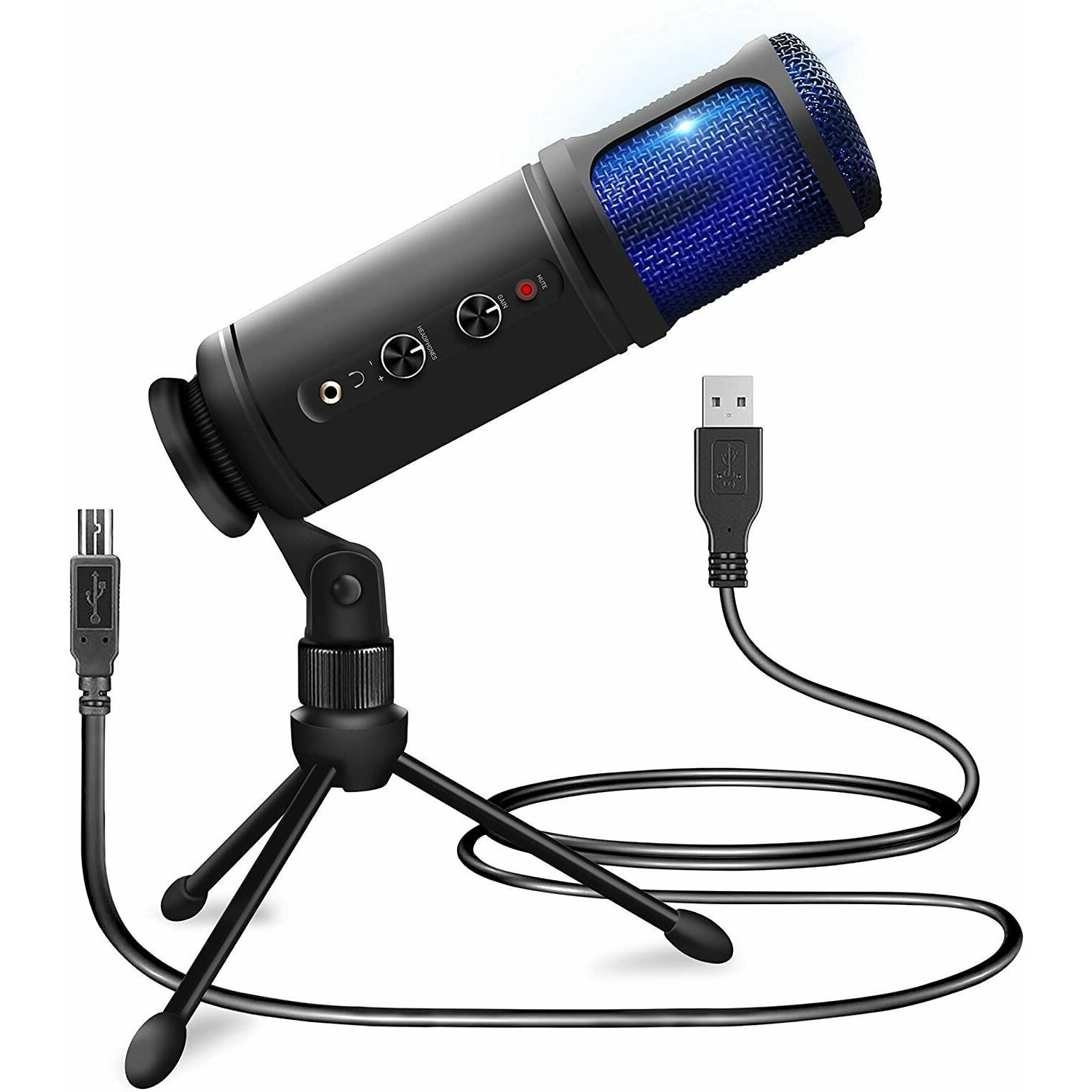 Black and blue microphone on a tripod, with cables.