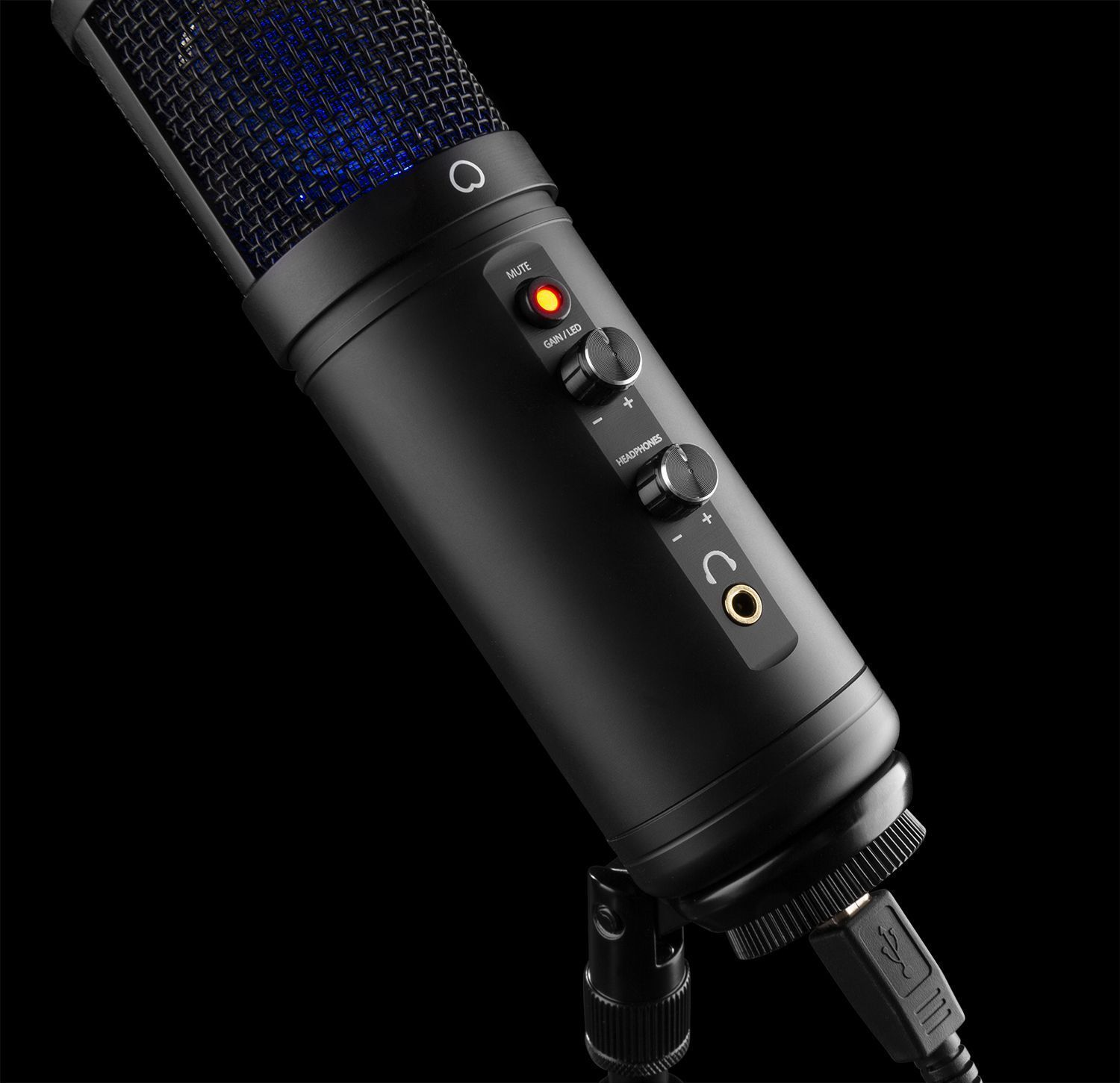 Black microphone with blue mesh, volume, mute, and headphone controls, USB cable, on a stand.