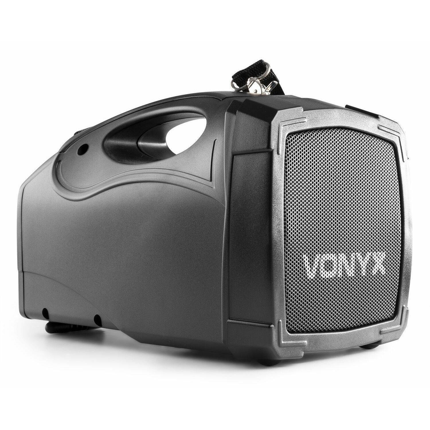 Un altavoz portátil gris oscuro con un asa. El altavoz tiene una rejilla con la palabra 'VONYX'.