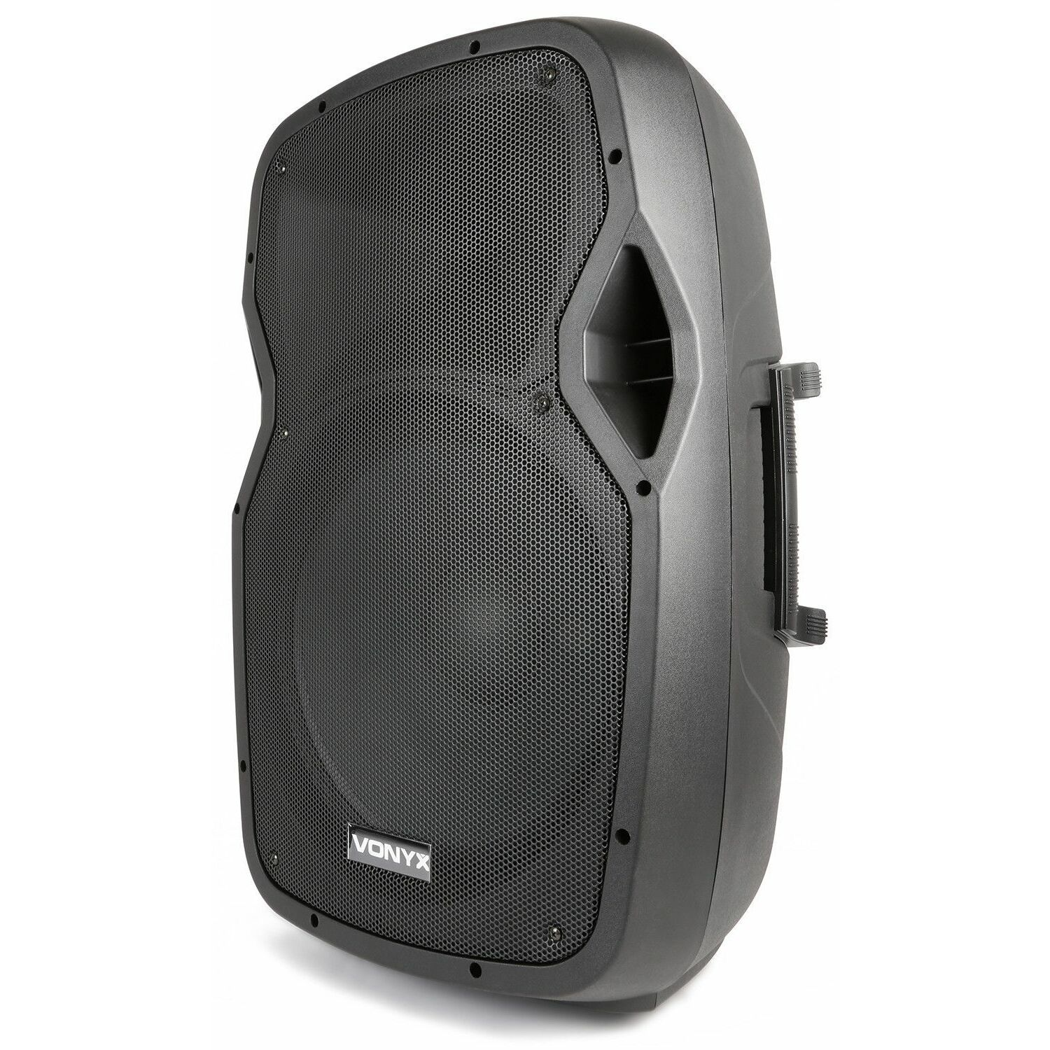 Een zwarte speaker met een mesh voorkant en een handvat. De merknaam 'VONYX' is zichtbaar.