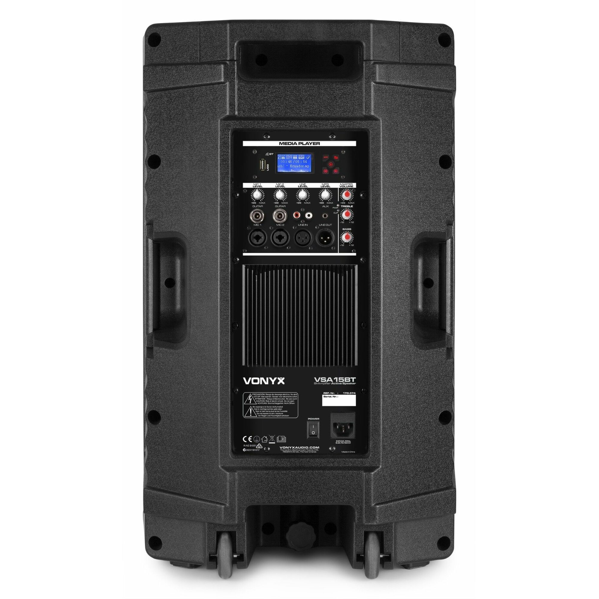 Achterkant van een zwarte speaker met display en inputs.