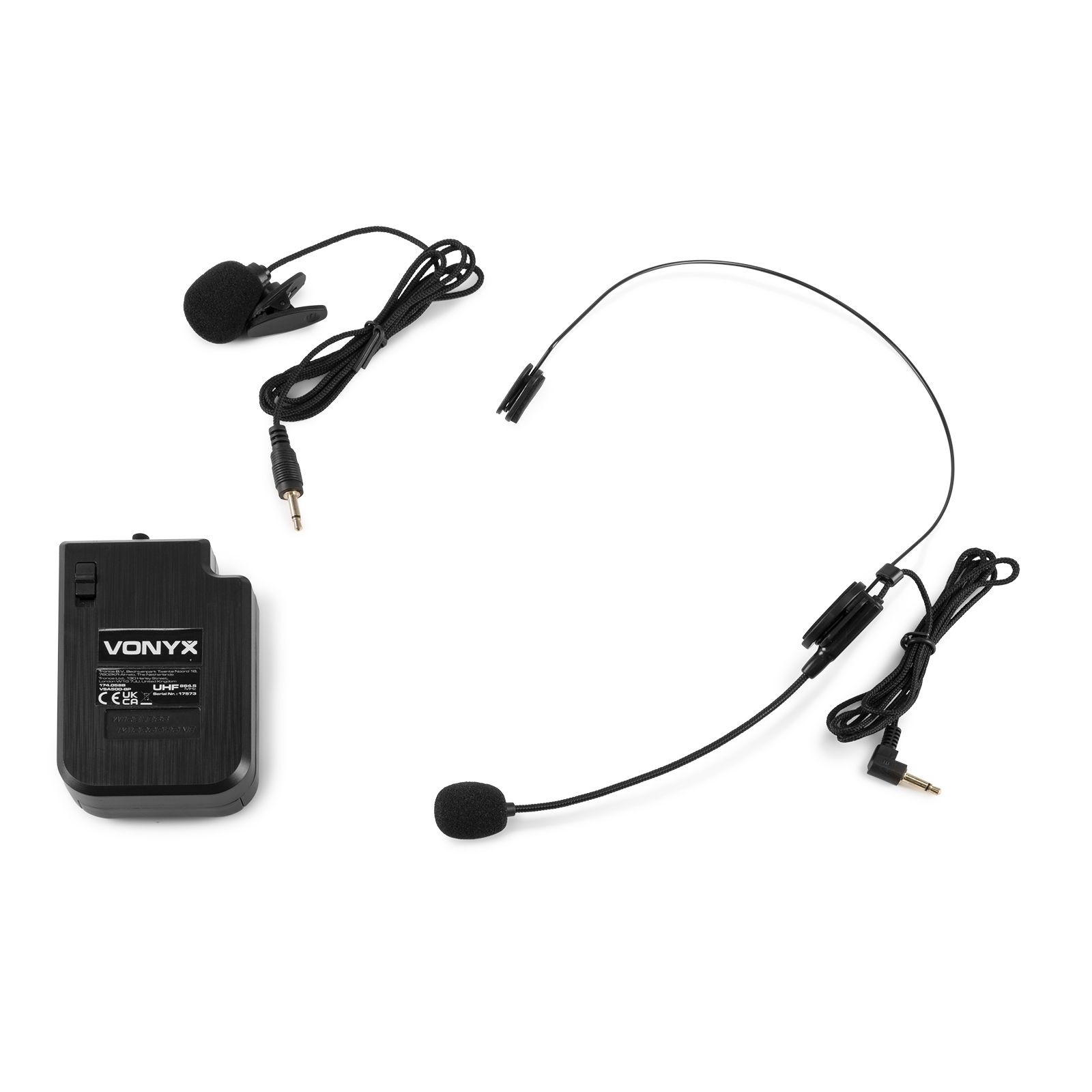 Microfoonset met een zender, clip-on microfoon en headset microfoon. Allemaal zwart.