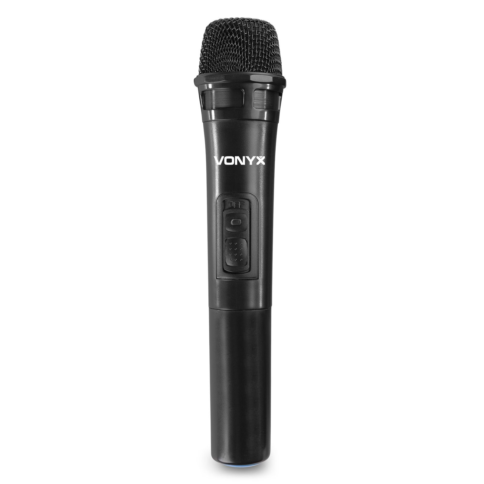 Zwarte Vonyx microfoon. Heeft knoppen, een mesh-kop en een ronde basis.