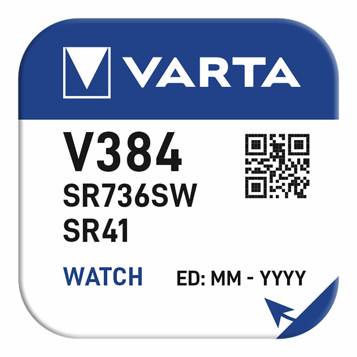 VARTA battery label. Blue and white with text and a QR code.