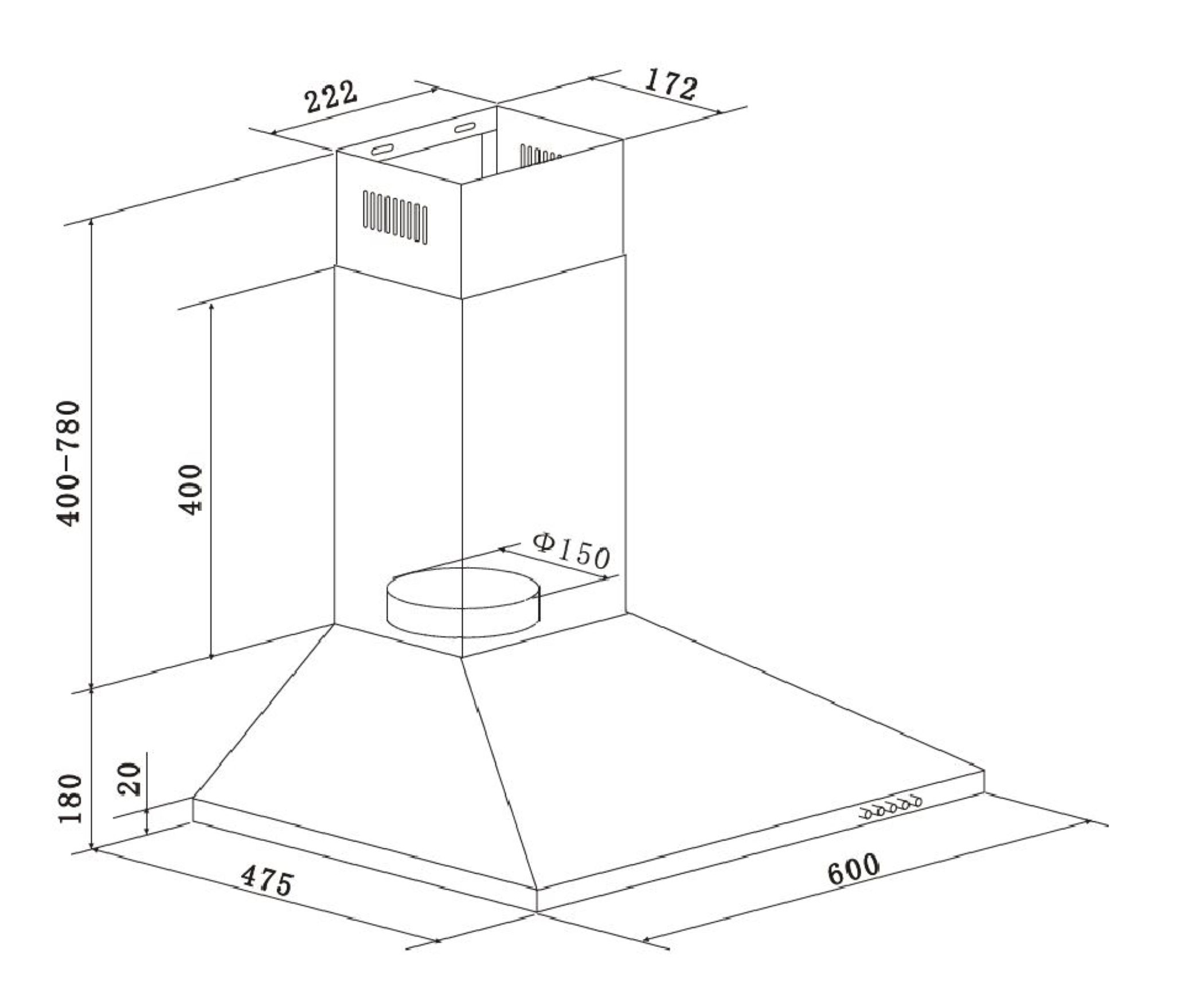 Diagramm einer Dunstabzugshaube mit Abmessungen. Die Abmessungen sind in Millimetern angegeben.