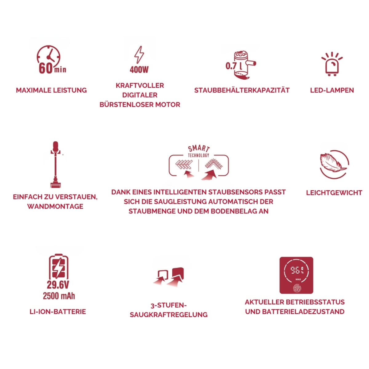 Eine Grafik mit Informationen über einen Staubsauger und seine Funktionen wie Leistung, Akku und Kapazität.