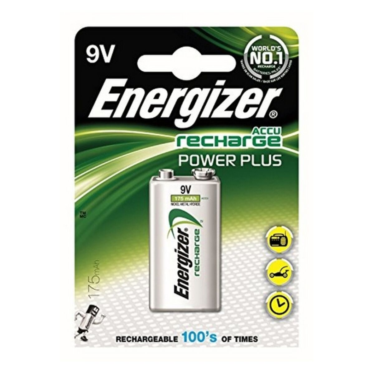 Zestaw baterii Energizer 9V z zielono-czarną etykietą. Bateria jest srebrna.