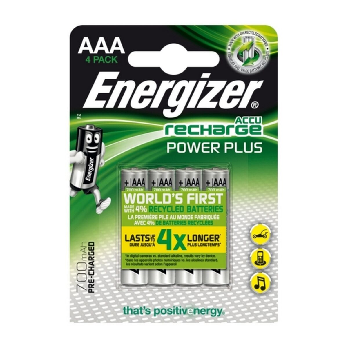 Opakowanie baterii AAA Energizer. Zawiera 4 baterie, pokazuje szczegóły produktu.