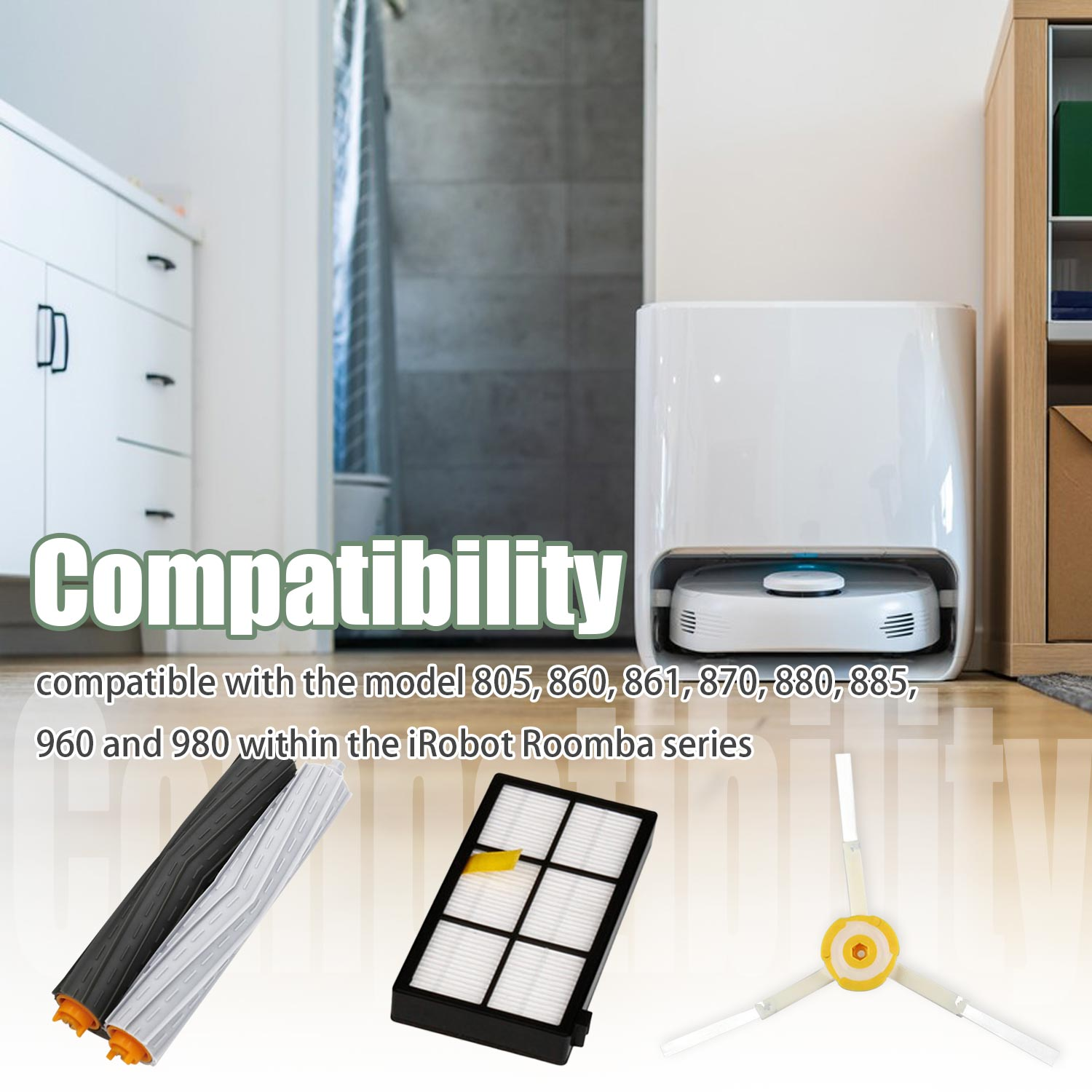 Akcesoria do odkurzacza robota. Filtry, szczotki i jednostka główna na drewnianej podłodze.