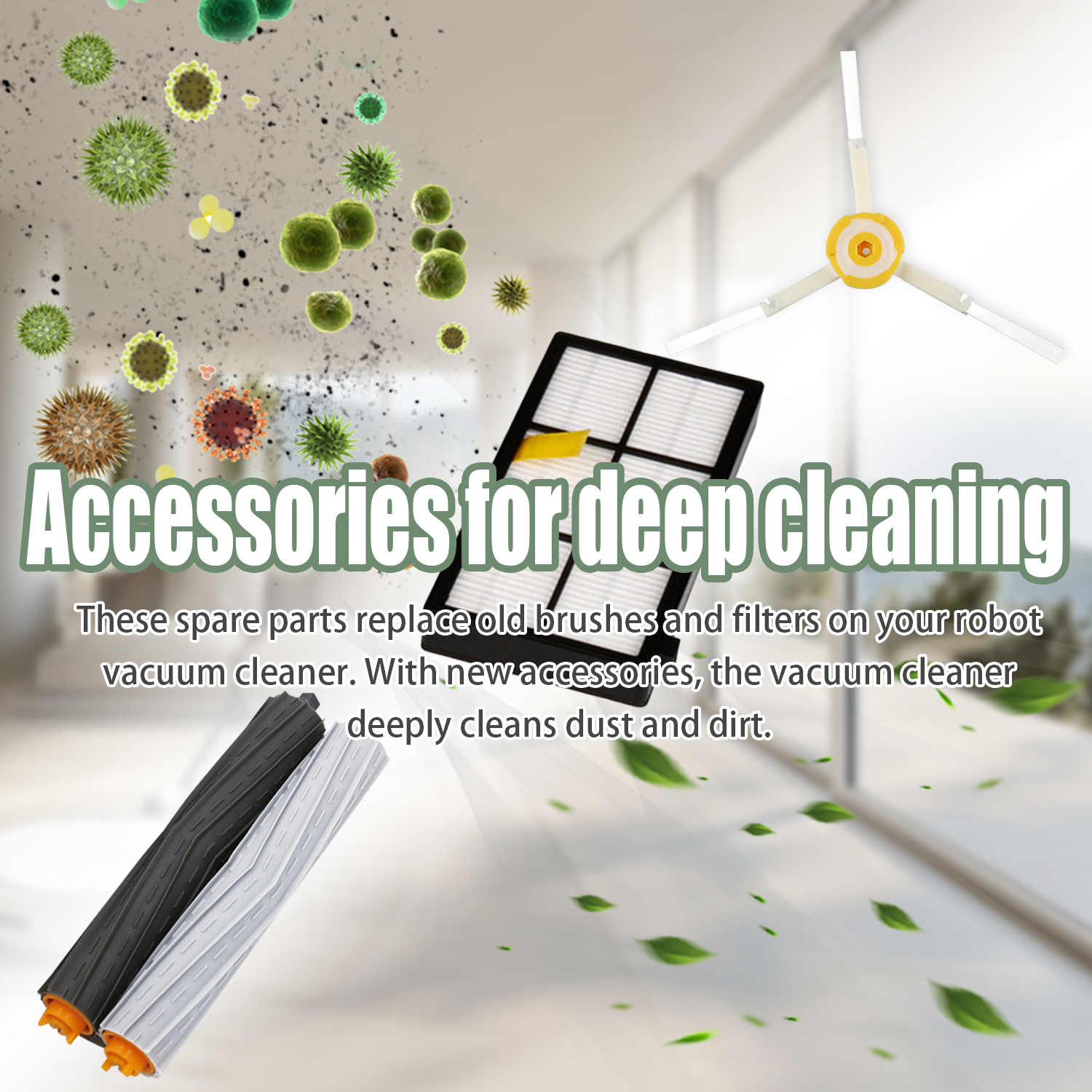 Akcesoria do robota odkurzającego. Zawiera szczotki, filtry i tekst. Rozmyte tło.