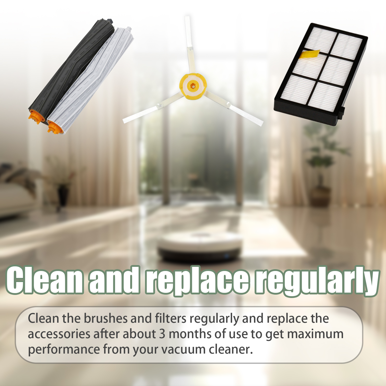 Części robota sprzątającego: szczotki, szczotka centralna i filtr, z tekstem 'Czyścić i wymieniać regularnie'.