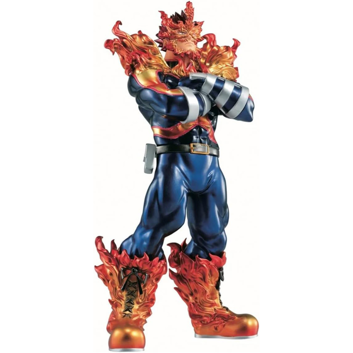 Figura de acción de personaje con cabello y botas de fuego, traje azul y plateado.