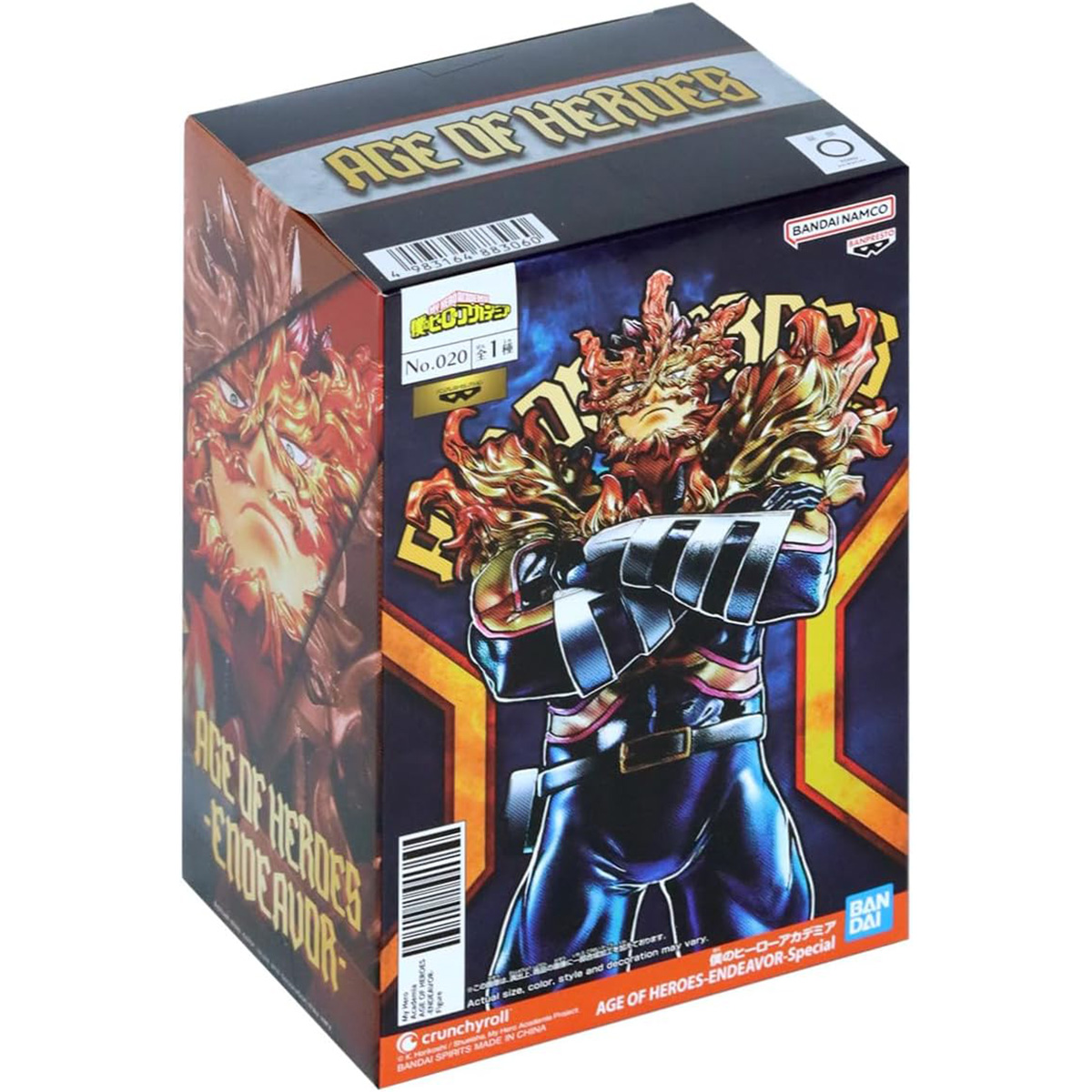 Caja de una figura de acción, personaje rojo y dorado en el frente. El texto dice 'AGE OF HEROES ENDEAVOR'.