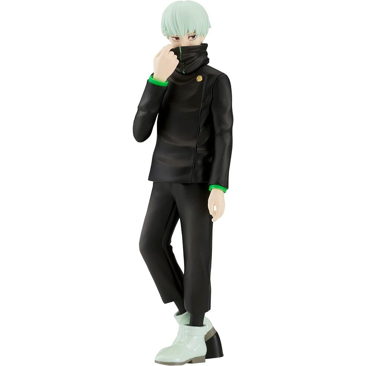 Eine männliche Anime-Figur in schwarzer Uniform. Die Figur hat grüne Haare und weiße Stiefel.