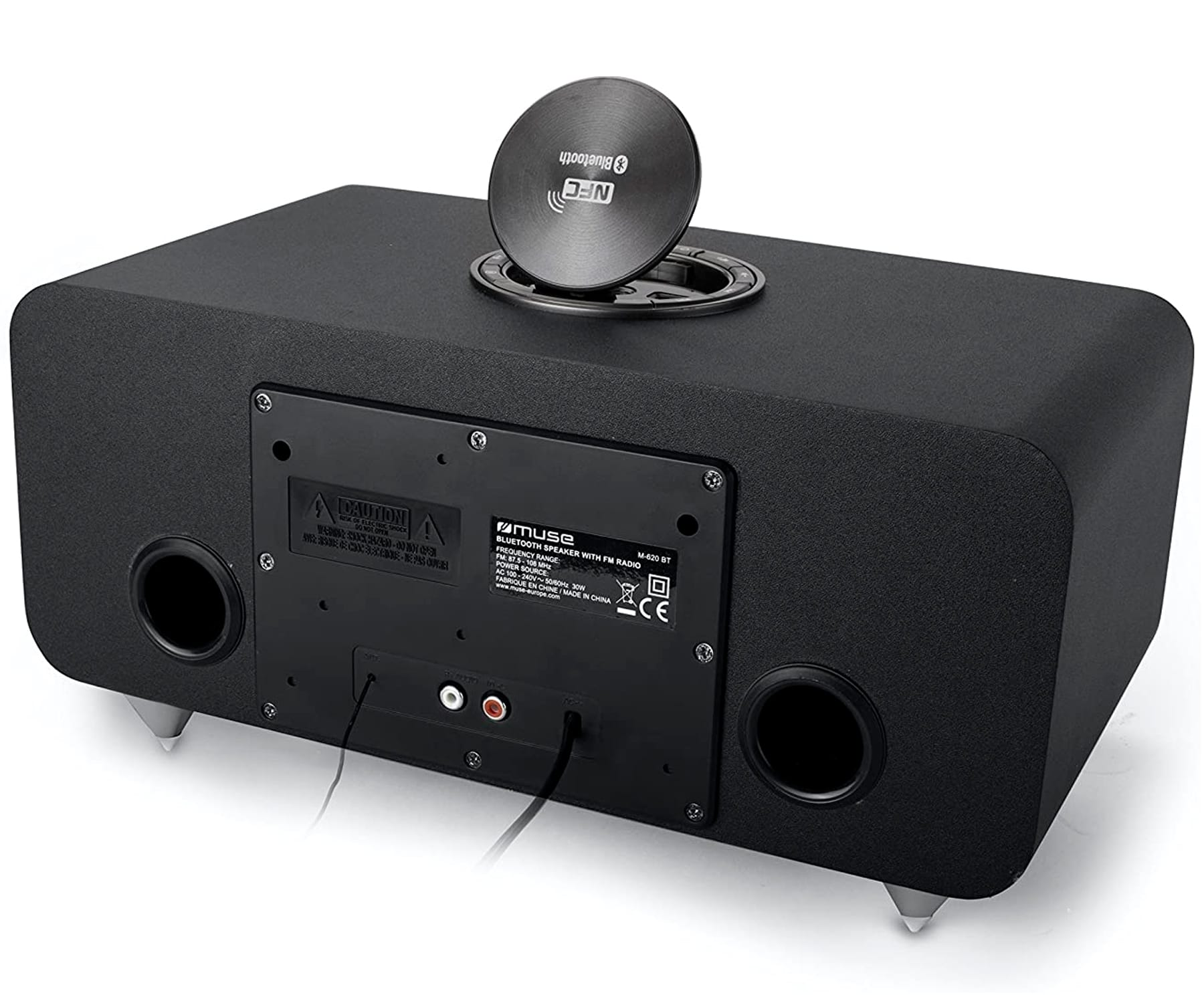 Schwarzer Lautsprecher mit rundem Oberteil für NFC Bluetooth, Rückseite mit Anschlüssen und Füßen.