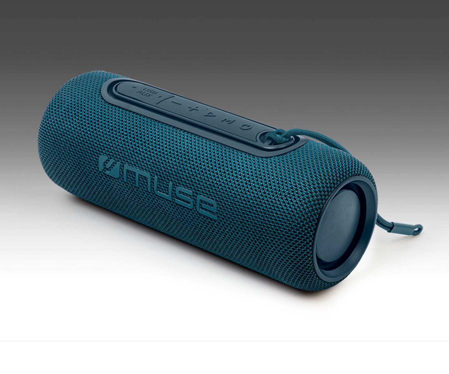 Un altoparlante Bluetooth cilindrico turchese con controlli e un cordino attaccato.