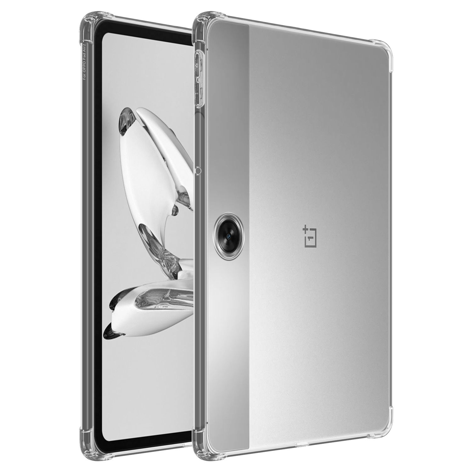 Tablet in einer durchsichtigen Hülle, die Rückseite der Hülle ist sichtbar.