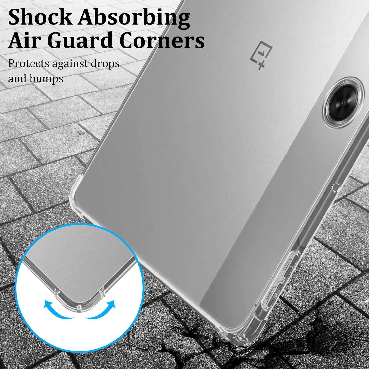 Eine transparente Handyhülle auf einer strukturierten Oberfläche, die die Ecke des Telefons schützt.