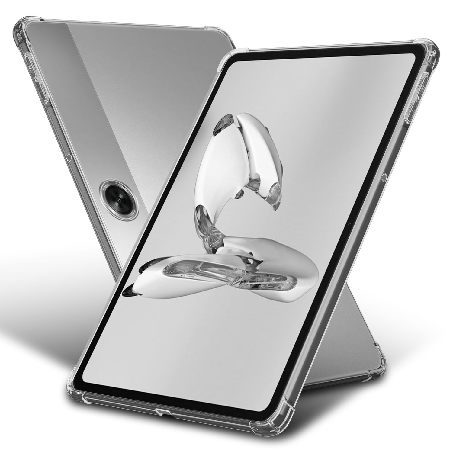 Zwei transparente Tablet-Hüllen, eine mit einem Tablet darin, nach oben abgewinkelt, mit Design auf dem Bildschirm.