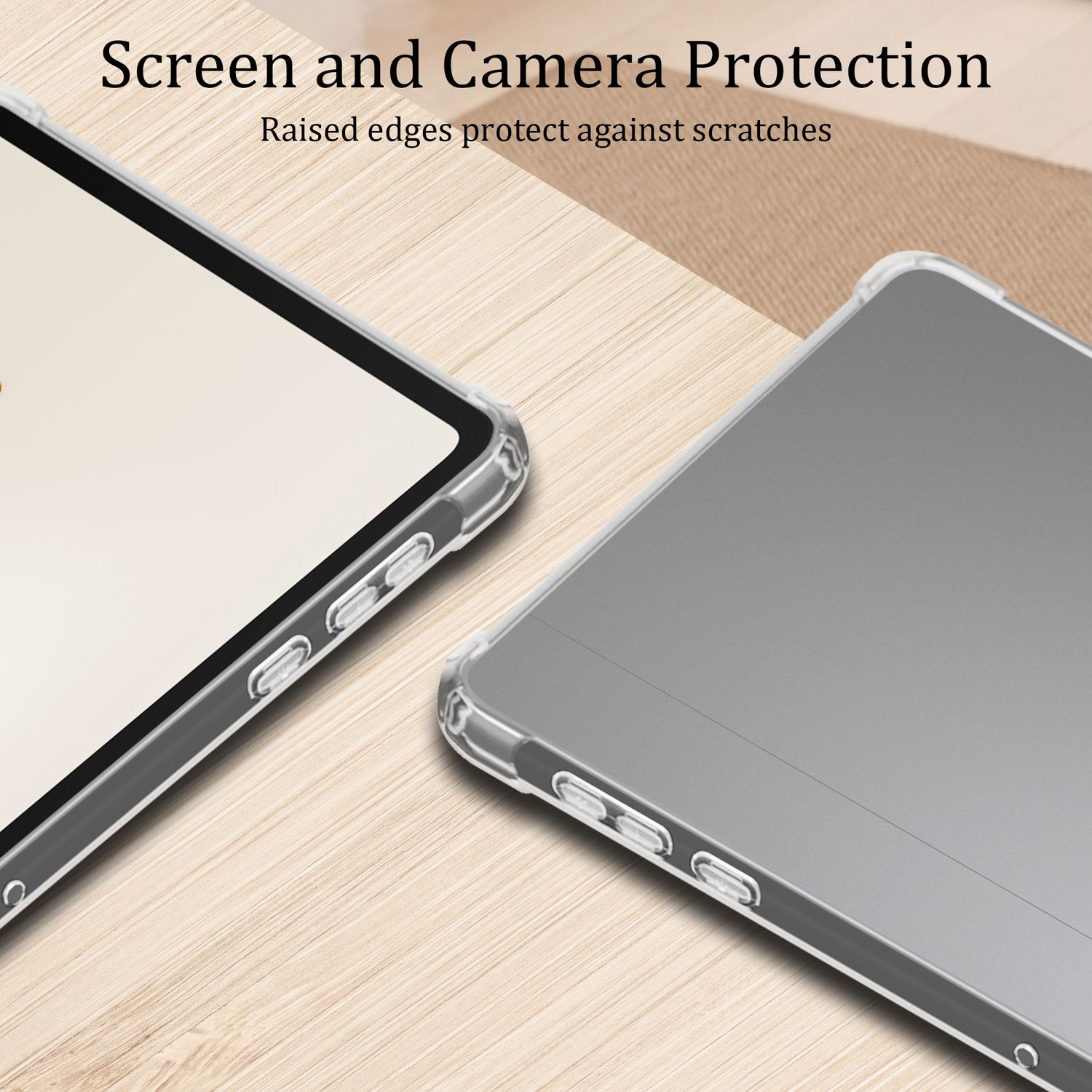 Eine transparente Hülle schützt ein Tablet. Hülle und Tablet liegen auf Holz.